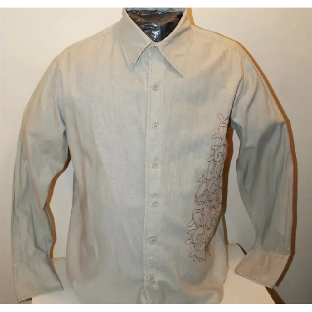 Urban Behavior Summer Men's Long Sleeve Floral Linen / Cotton Beige Shirt Medium